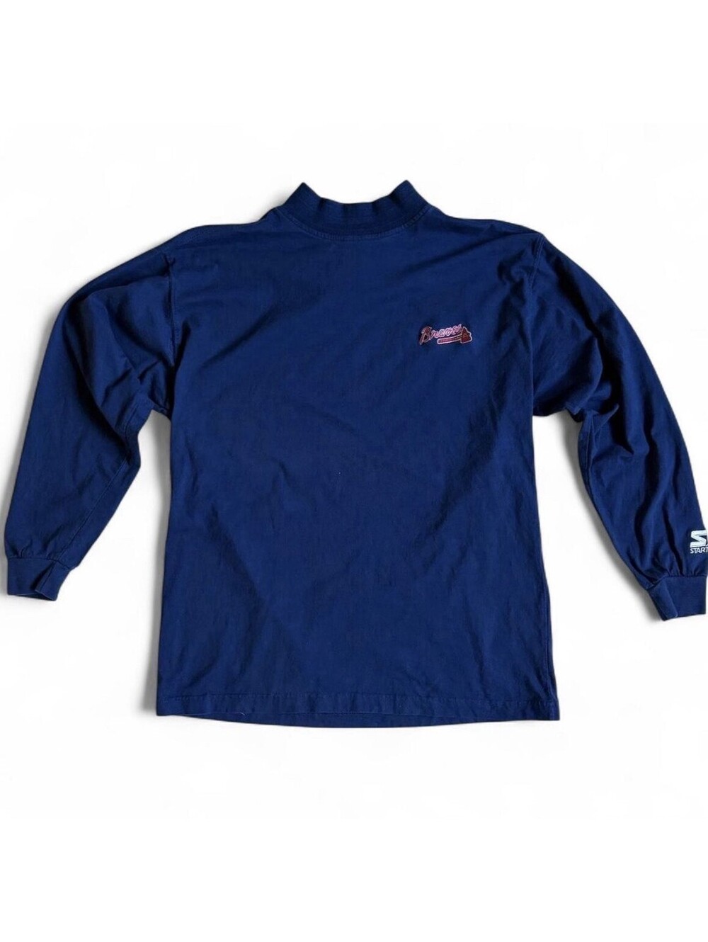 Starter Vintage Atlanta Braves Blue Mock Neck Long Sleeve Shirt Size L 100% Cot